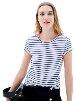 T-shirt en coton mélangé bleu rayé à coupe droite, col rond style marinière