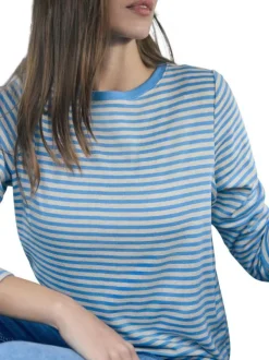 T-shirt en coton mélangé bleu à rayures pourvu d'un col rond