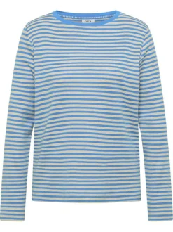 T-shirt en coton mélangé bleu à rayures pourvu d'un col rond