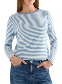 T-shirt en coton mélangé bleu à rayures pourvu d'un col rond