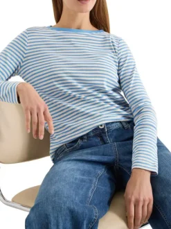 T-shirt en coton mélangé bleu à rayures pourvu d'un col rond