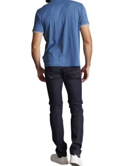 T-shirt en coton mélangé bleu uni avec une coupe droite et un col boutonné