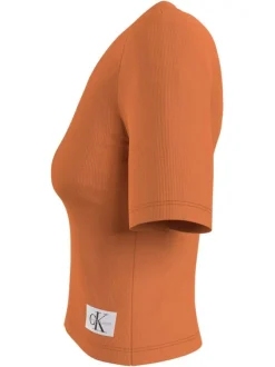 T-shirt en coton mélangé brique uni avec une coupe cropped et un col v
