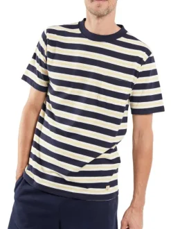 T-shirt en coton mélangé écru rayé coupe droite col rond et rayures avec liserés