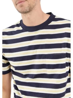 T-shirt en coton mélangé écru rayé coupe droite col rond et rayures avec liserés