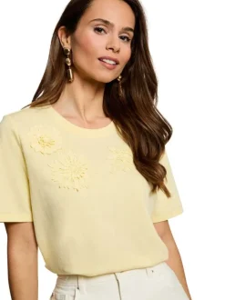 T-shirt en coton mélangé jaune uni pourvu d'une coupe droite et d'un col rond