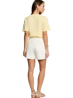 T-shirt en coton mélangé jaune uni pourvu d'une coupe droite et d'un col rond