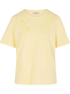 T-shirt en coton mélangé jaune uni pourvu d'une coupe droite et d'un col rond