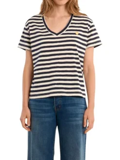 T-shirt en coton mélangé marine à rayures pourvu d'un col v