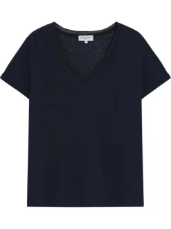 T-shirt en coton mélangé marine uni avec une coupe droite et un col v