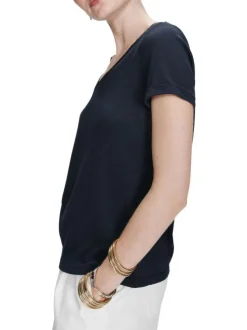 T-shirt en coton mélangé marine uni avec une coupe droite et un col v