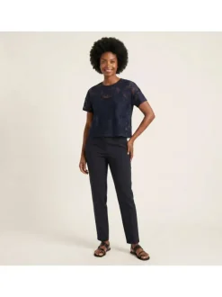 T-shirt en coton mélangé marine uni pourvu d'une coupe droite