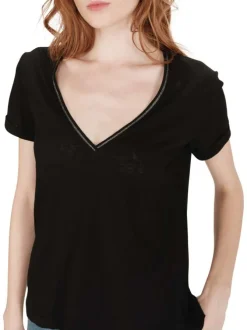 T-shirt en coton mélangé noir brillant avec une coupe droite et un col v