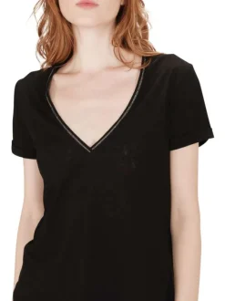 T-shirt en coton mélangé noir brillant avec une coupe droite et un col v