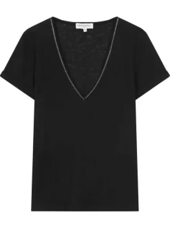 T-shirt en coton mélangé noir brillant avec une coupe droite et un col v
