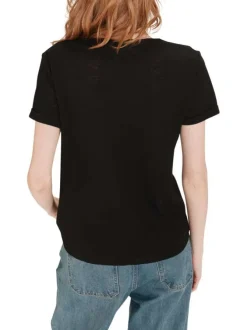 T-shirt en coton mélangé noir brillant avec une coupe droite et un col v