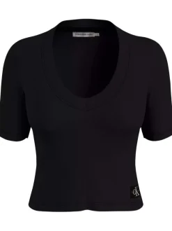 T-shirt en coton mélangé noir uni avec une coupe cropped et un col v