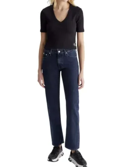 T-shirt en coton mélangé noir uni avec une coupe cropped et un col v