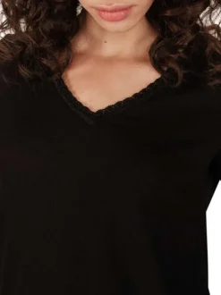 T-shirt en coton mélangé noir uni avec une coupe droite et un col v