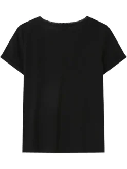 T-shirt en coton mélangé noir uni avec une coupe droite et un col v