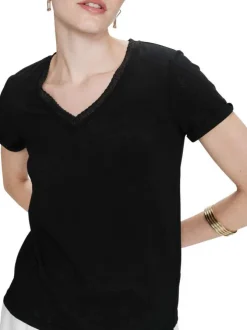 T-shirt en coton mélangé noir uni avec une coupe droite et un col v