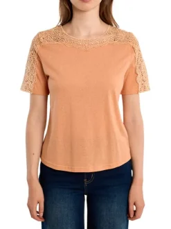 T-shirt en coton mélangé orange uni pourvu d'un col rond et d'une coupe droite