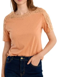 T-shirt en coton mélangé orange uni pourvu d'un col rond et d'une coupe droite