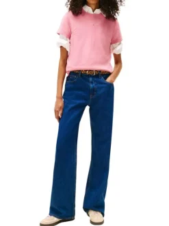 T-shirt en coton mélangé rose uni avec un col rond et un logo