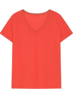 T-shirt en coton mélangé rouge uni avec une coupe droite et un col v