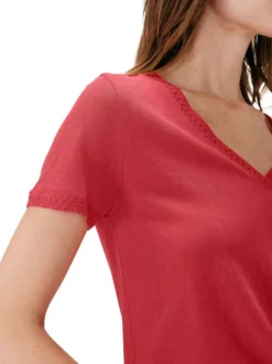 T-shirt en coton mélangé rouge uni pourvu de manches courtes