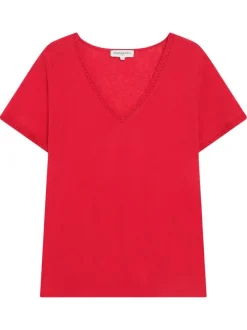 T-shirt en coton mélangé rouge uni pourvu de manches courtes