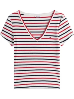 T-shirt en coton multicolore rayé avec une coupe droite et un col v