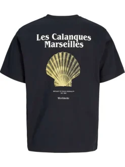 T-shirt en coton noir avec Coquille St Jacques imprimée au dos et col rond