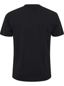 T-shirt en coton noir avec des écritures imprimées à l'avant et un col rond