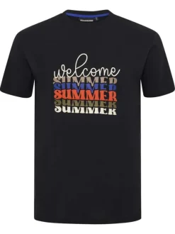 T-shirt en coton noir avec des écritures imprimées à l'avant et un col rond