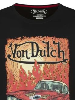 T-shirt en coton noir avec des flammes imprimées à l'avant et un col rond