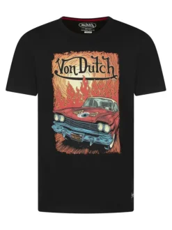 T-shirt en coton noir avec des flammes imprimées à l'avant et un col rond