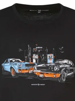 T-shirt en coton noir avec des voitures imprimées et un col rond