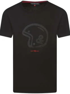 T-shirt en coton noir avec un col rond et logo de la marque en relief noir
