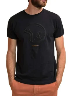T-shirt en coton noir avec un col rond et logo de la marque en relief noir