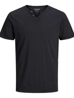 T-shirt en coton noir avec une coupe droite et un col tunisien ouvert