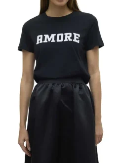 T-shirt en coton noir avec une écriture imprimée à la poitrine et un col rond