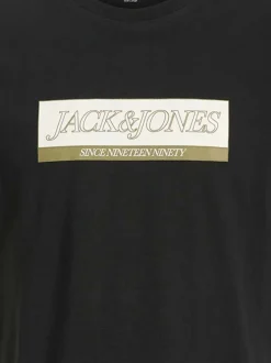T-shirt en coton noir avec un logo beige imprimé et un col rond