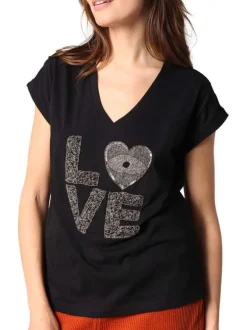 T-shirt en coton noir avec un motif fantaisie en perles et un col v