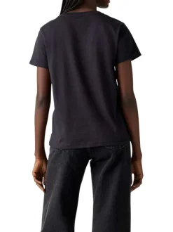 T-shirt en coton noir à coupe ajustée pourvu de manches courtes