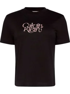 T-shirt en coton noir à coupe droite avec un col rond et imprimé logo