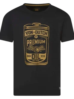 T-shirt en coton noir coupe droite à col rond avec imprimé bidon d'huile jaune