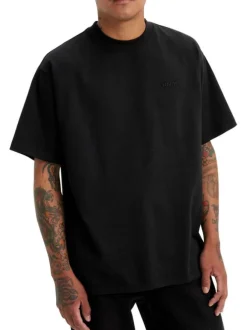 T-shirt en coton noir à coupe droite pourvu d'un col rond finement côtelé
