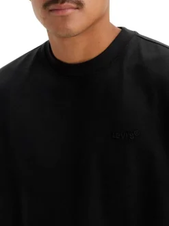 T-shirt en coton noir à coupe droite pourvu d'un col rond finement côtelé