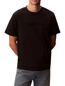 T-shirt en coton noir à coupe droite pourvu d'un col rond ras de cou